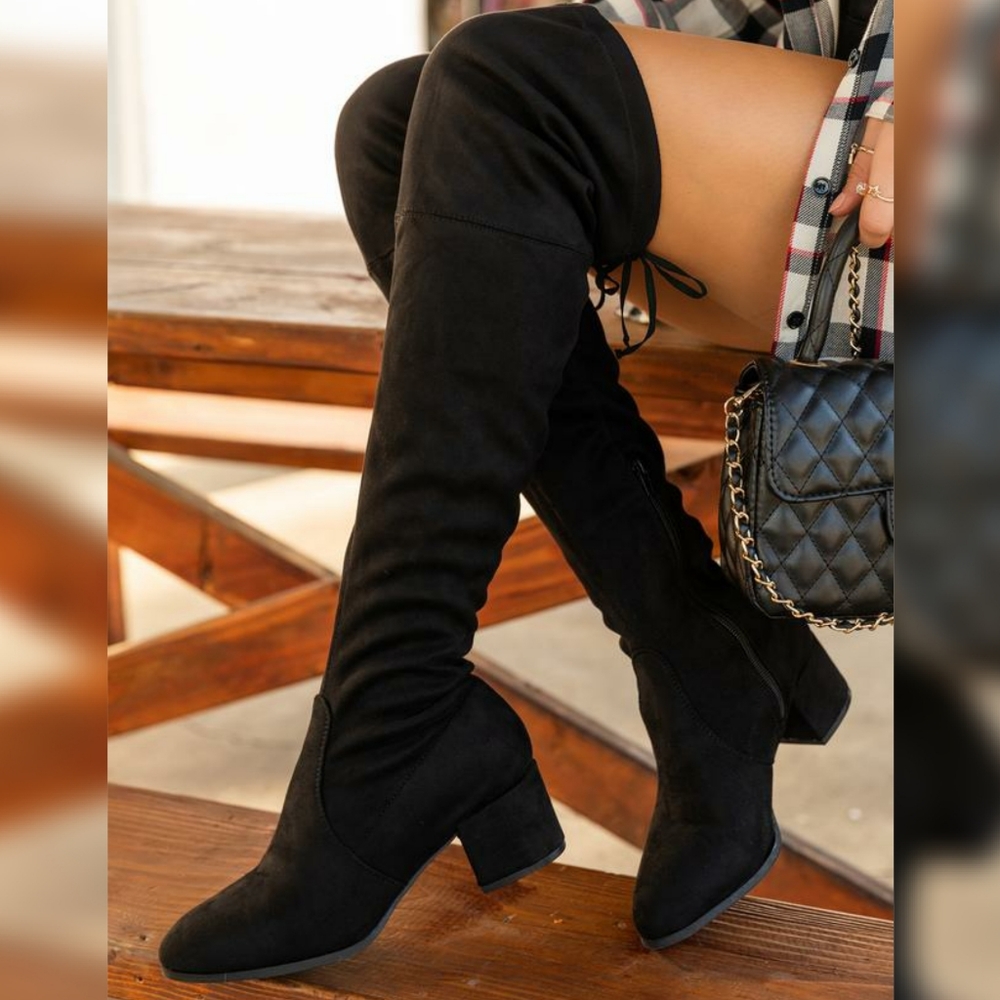 Valeria Over The Knee Low Heel Boots - Black